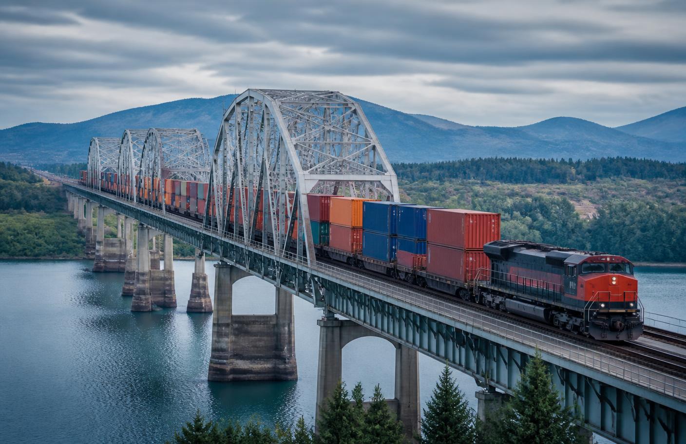Freight train carrying shipping containers across a long bridge