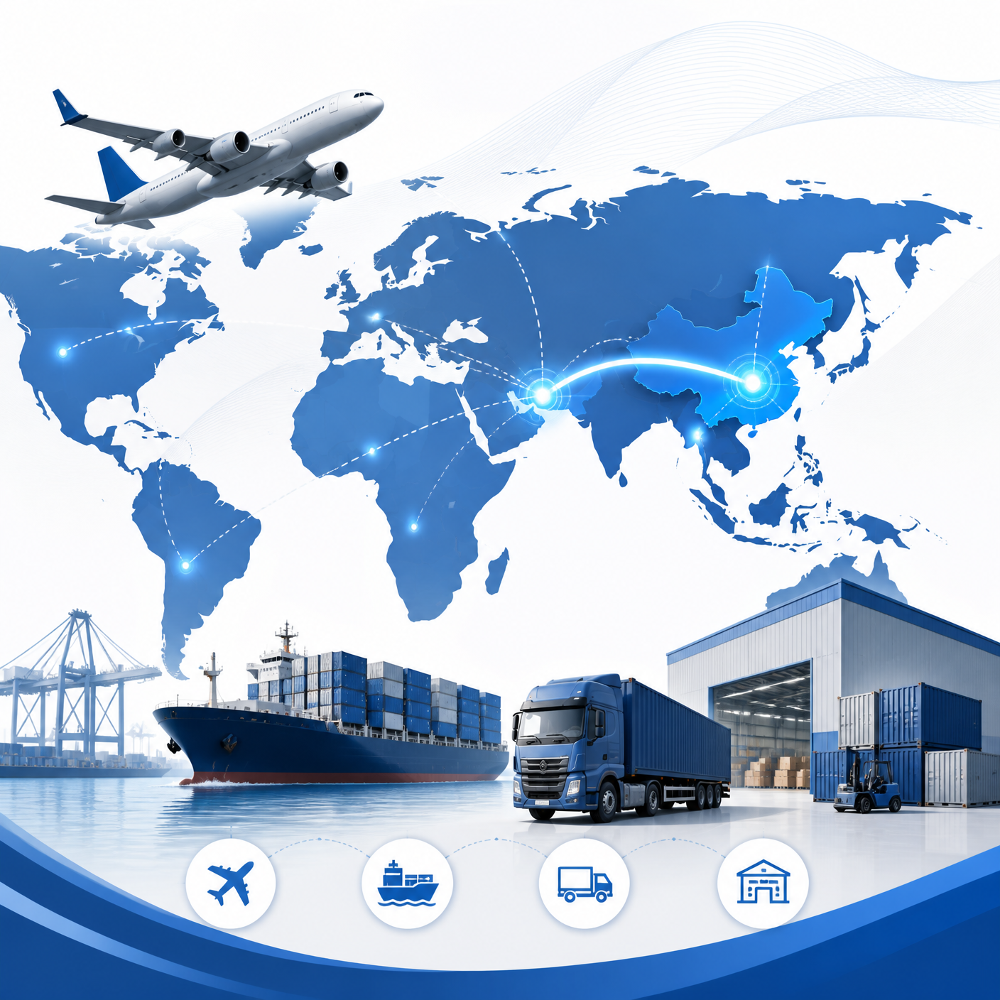 AirBridge global logistics network — air cargo, sea freight, and road delivery connecting China to the world